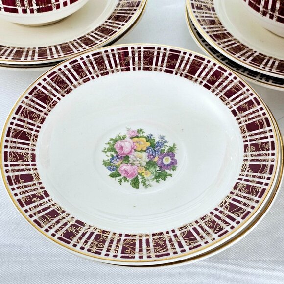 Homer Laughlin Piccadilly Cup & Saucer 2.25" set-6 red plaid gold floral 1942 - Picture 5 of 8
